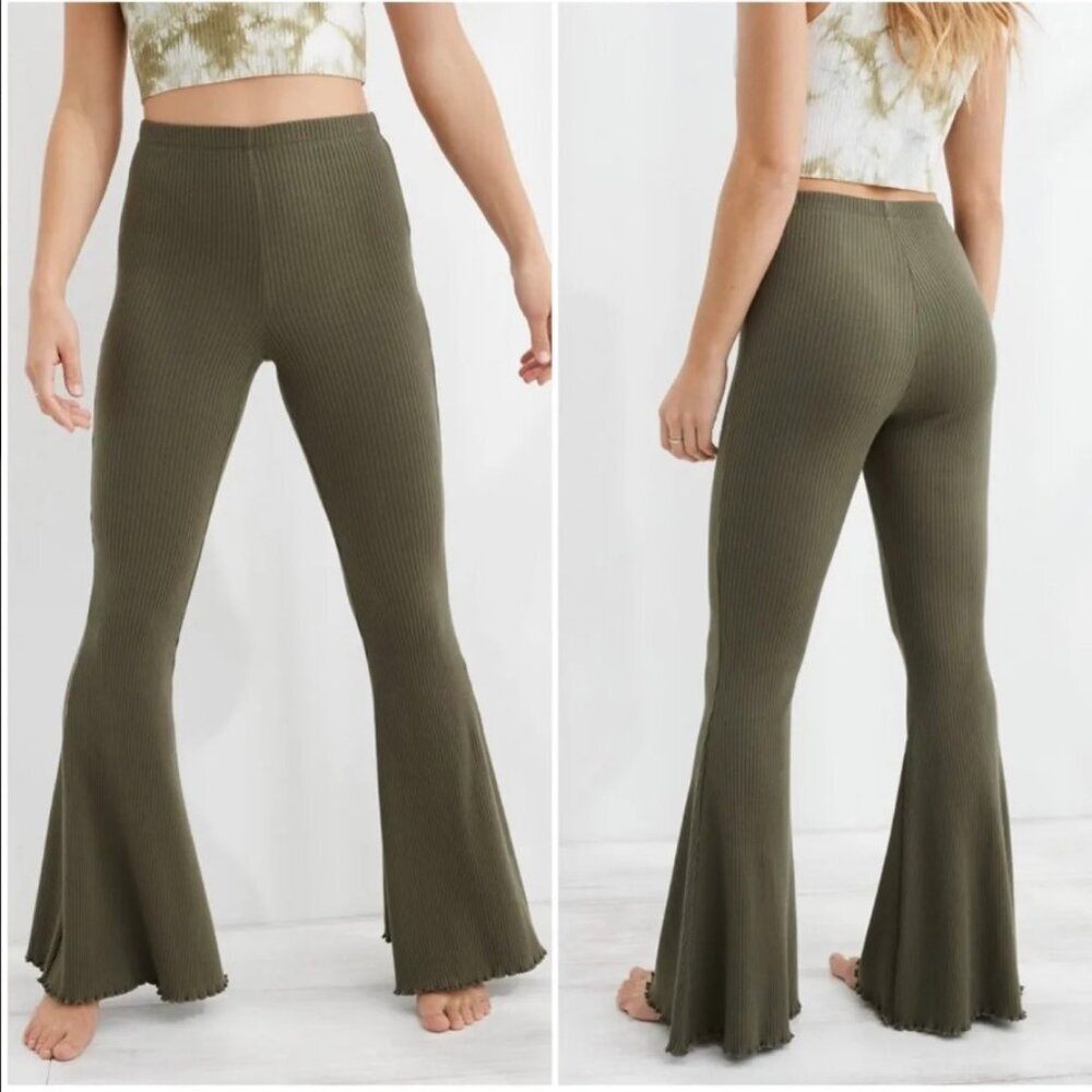 aerie Olive Ribbed Boot Flare Pants